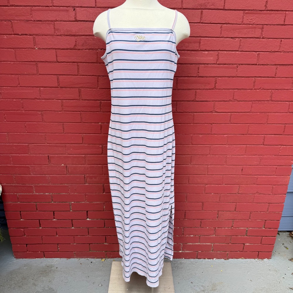 Nike Womens XL Striped Ribbed Maxi Dress Gray‎ Pink Blue Spaghetti Strap Logo
